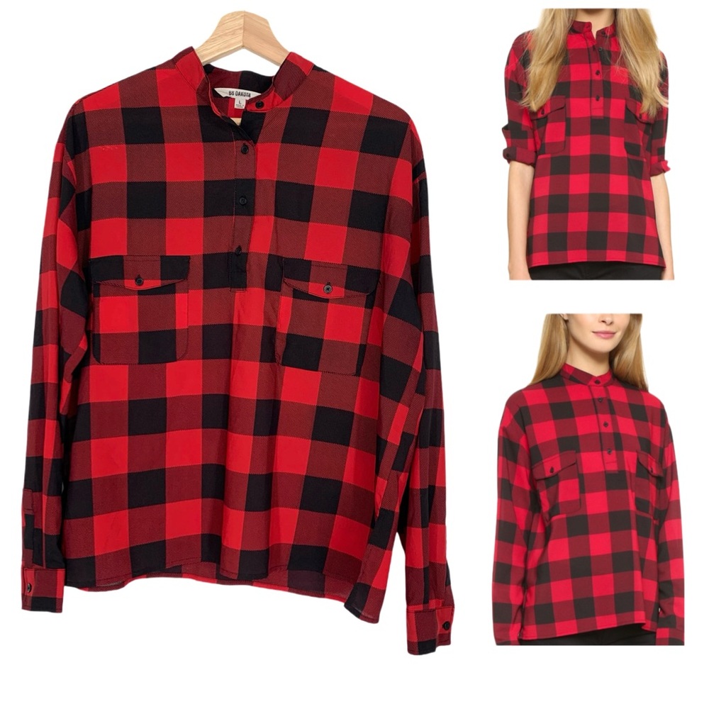 BB Dakota Red & Black Buffalo Plaid Coleman Blouse Long Sleeve Size Large - Picture 1 of 10